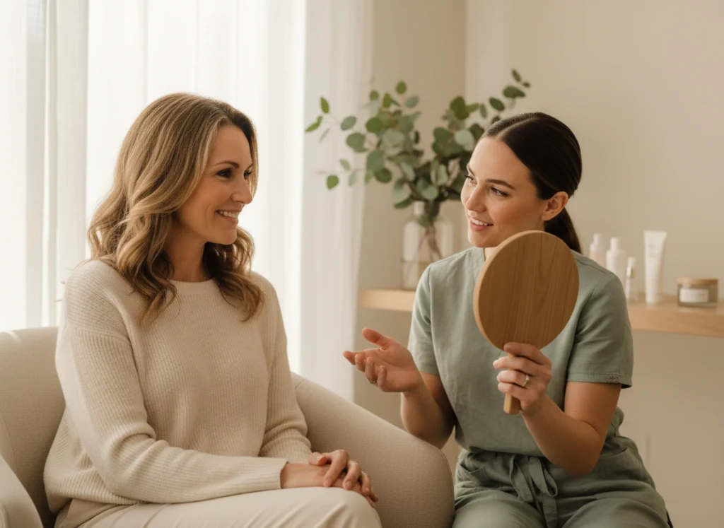 Aesthetician at Castlegar Wellness & Aesthetics discussing natural-looking injectable treatment options with a relaxed female client during a consultation.