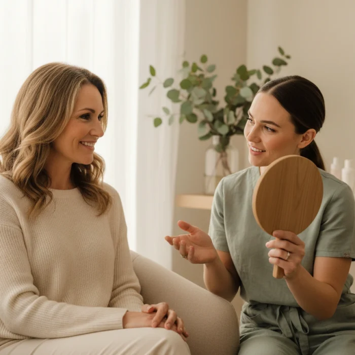 Aesthetician at Castlegar Wellness & Aesthetics discussing natural-looking injectable treatment options with a relaxed female client during a consultation.
