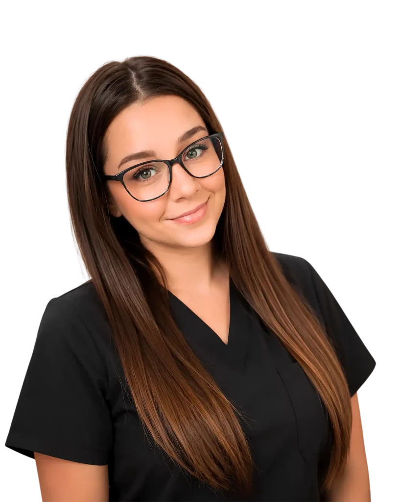 Smiling woman with long brown hair and glasses in a black scrub top on a black background.