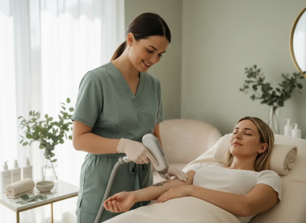 Aesthetician at Castlegar Wellness & Aesthetics preparing a laser device near a relaxed client’s forearm for tattoo removal in a calm treatment room.