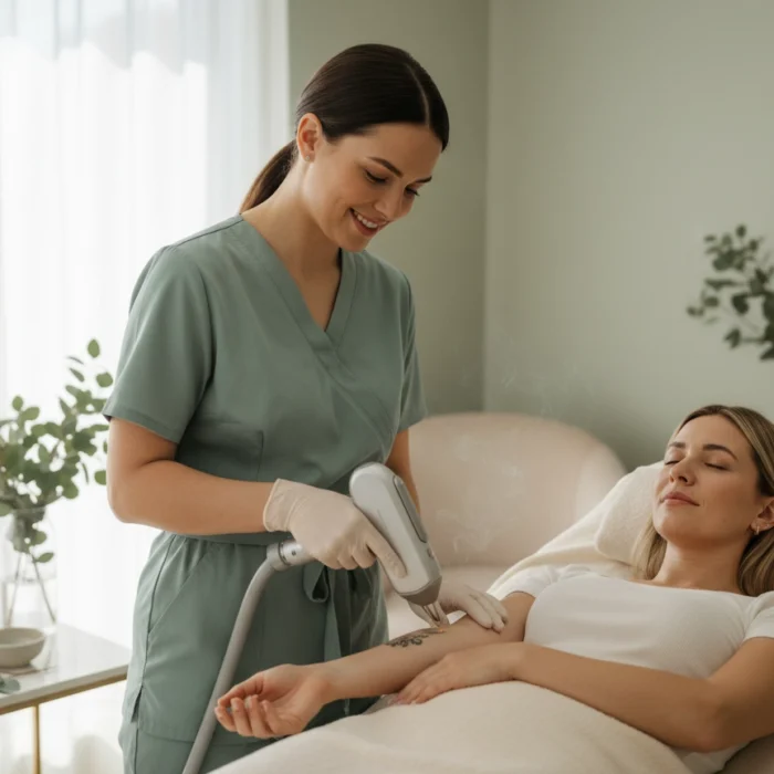 Aesthetician at Castlegar Wellness & Aesthetics preparing a laser device near a relaxed client’s forearm for tattoo removal in a calm treatment room.