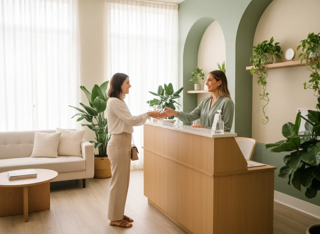 Friendly team member welcoming a first-time client at the reception of Castlegar Wellness & Aesthetics in Castlegar, BC.