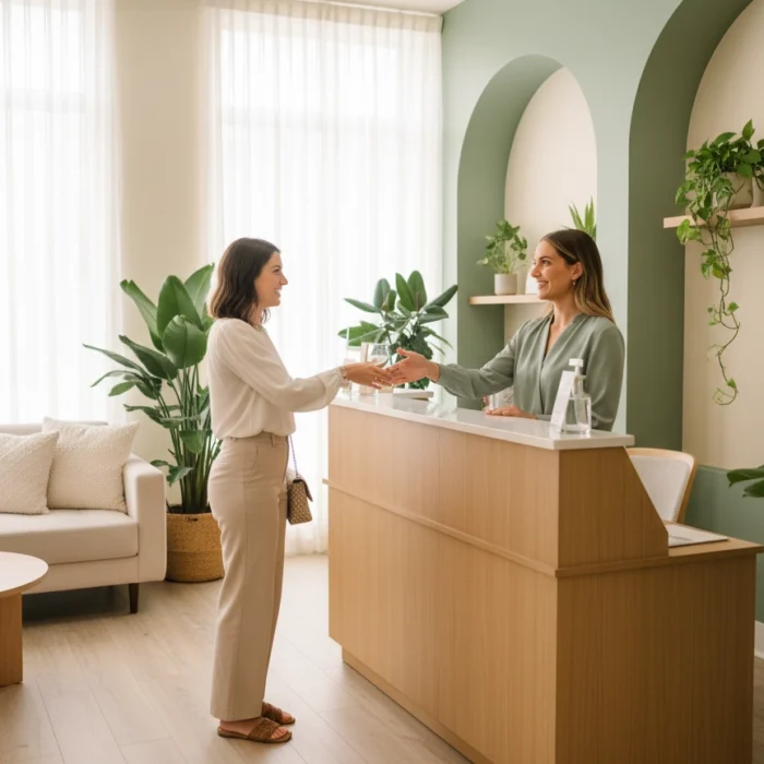 Friendly team member welcoming a first-time client at the reception of Castlegar Wellness & Aesthetics in Castlegar, BC.