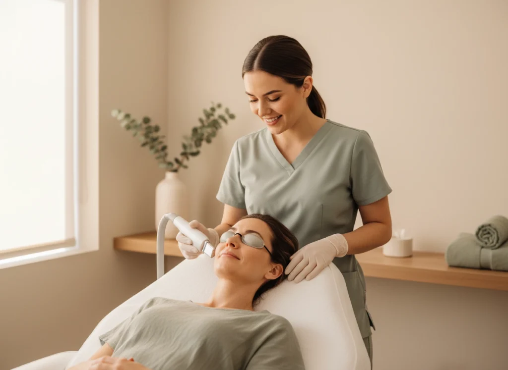 Aesthetician at Castlegar Wellness & Aesthetics performing an IPL photofacial on a relaxed female client wearing protective eyewear in a calm treatment room.