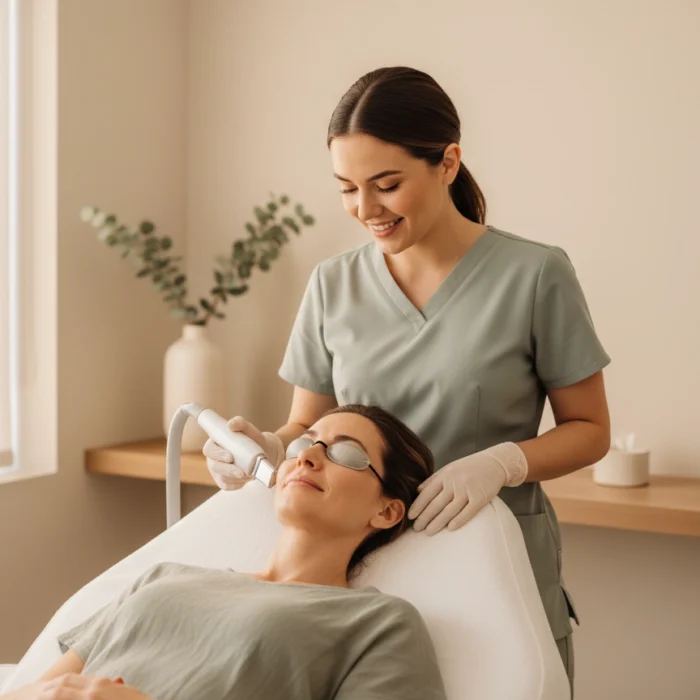 Aesthetician at Castlegar Wellness & Aesthetics performing an IPL photofacial on a relaxed female client wearing protective eyewear in a calm treatment room.