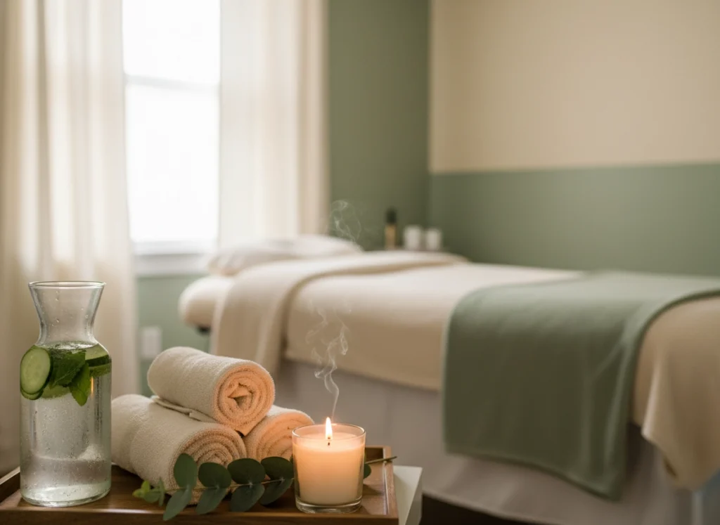 Calm spa setting with towels, candle and eucalyptus representing massage and spa packages at Castlegar Wellness & Aesthetics in Castlegar, BC.