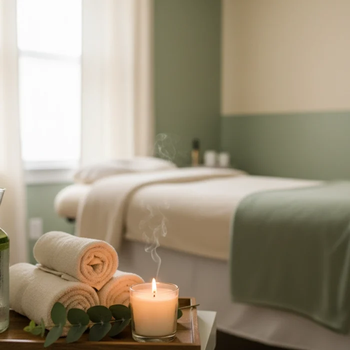 Calm spa setting with towels, candle and eucalyptus representing massage and spa packages at Castlegar Wellness & Aesthetics in Castlegar, BC.