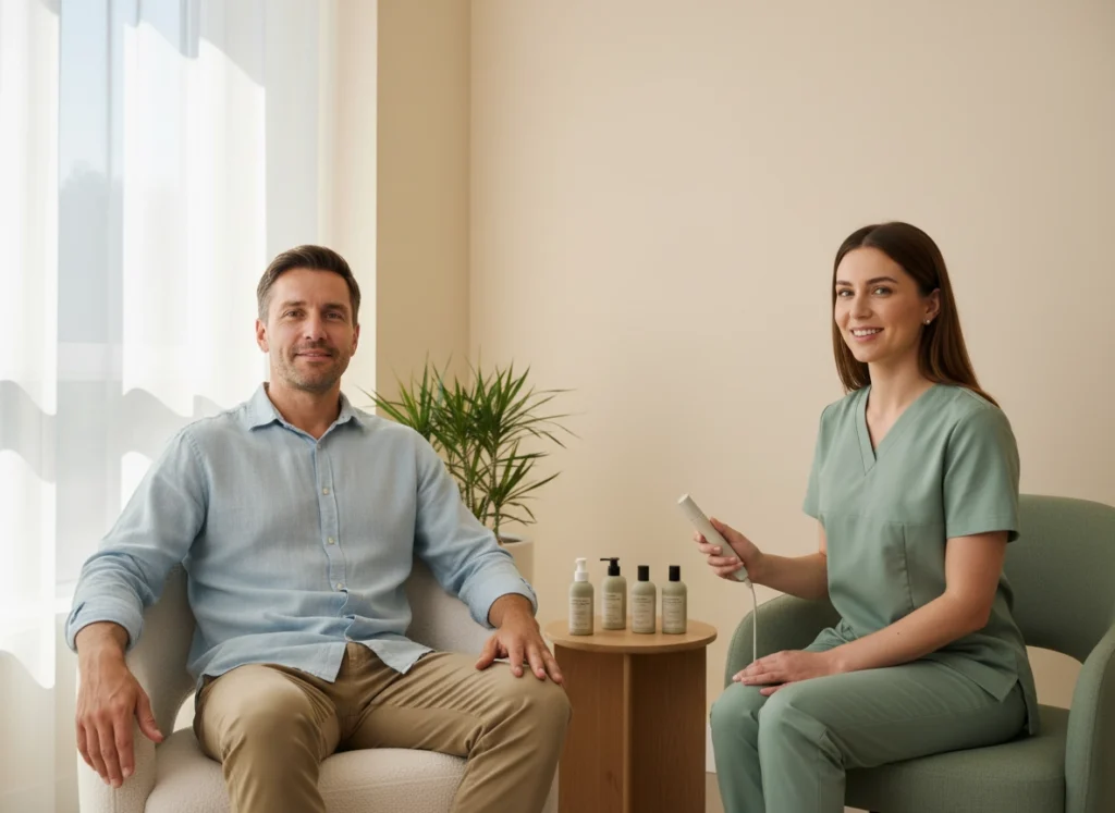 Relaxed male client during a skin and laser consultation with an aesthetician at Castlegar Wellness & Aesthetics in Castlegar, BC.