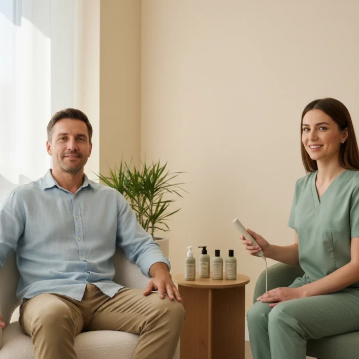 Relaxed male client during a skin and laser consultation with an aesthetician at Castlegar Wellness & Aesthetics in Castlegar, BC.