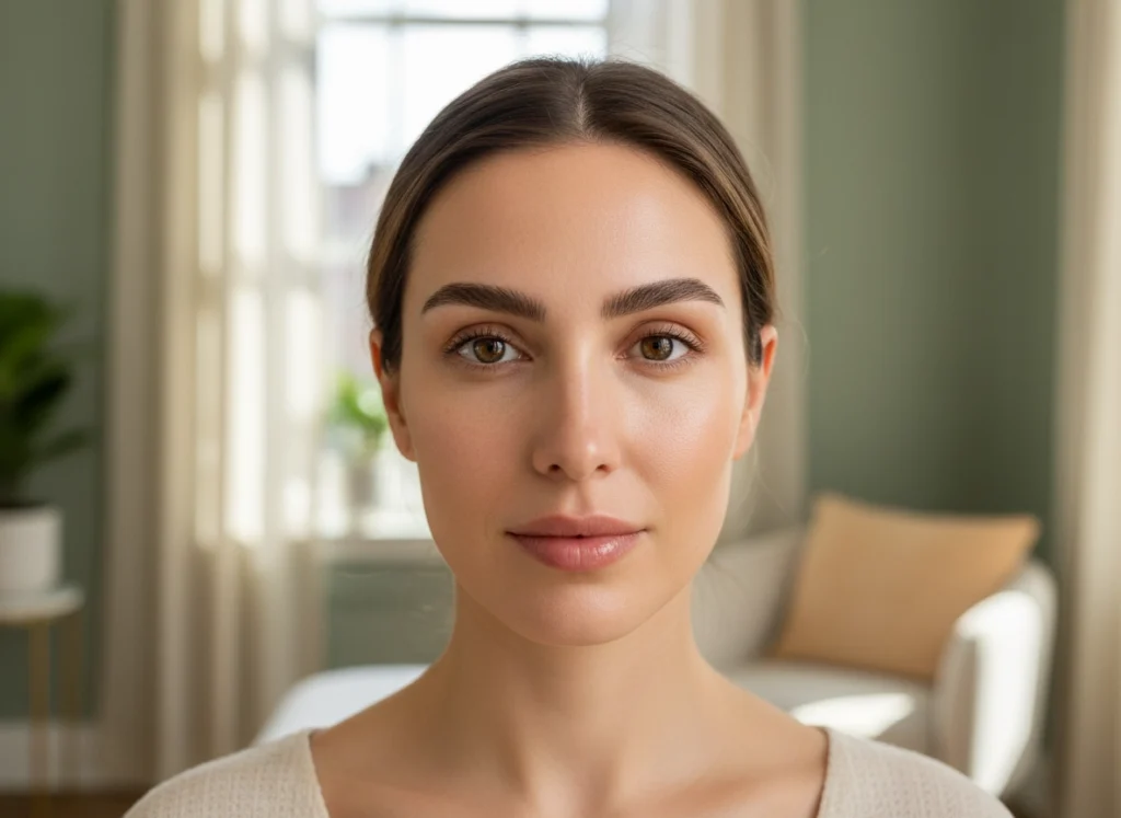 Woman with soft, natural-looking brows after permanent make-up at Castlegar Wellness & Aesthetics in Castlegar, BC.