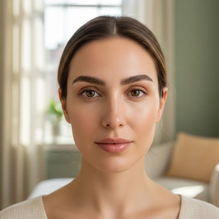 Woman with soft, natural-looking brows after permanent make-up at Castlegar Wellness & Aesthetics in Castlegar, BC.