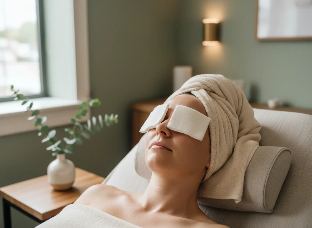 Relaxed client enjoying a professional facial at Castlegar Wellness & Aesthetics in Castlegar, BC.