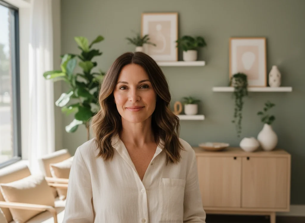 Woman with healthy, naturally glowing skin in a calm treatment space at Castlegar Wellness & Aesthetics in Castlegar, BC.