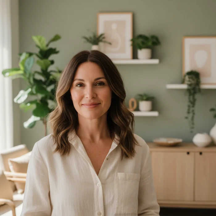 Woman with healthy, naturally glowing skin in a calm treatment space at Castlegar Wellness & Aesthetics in Castlegar, BC.
