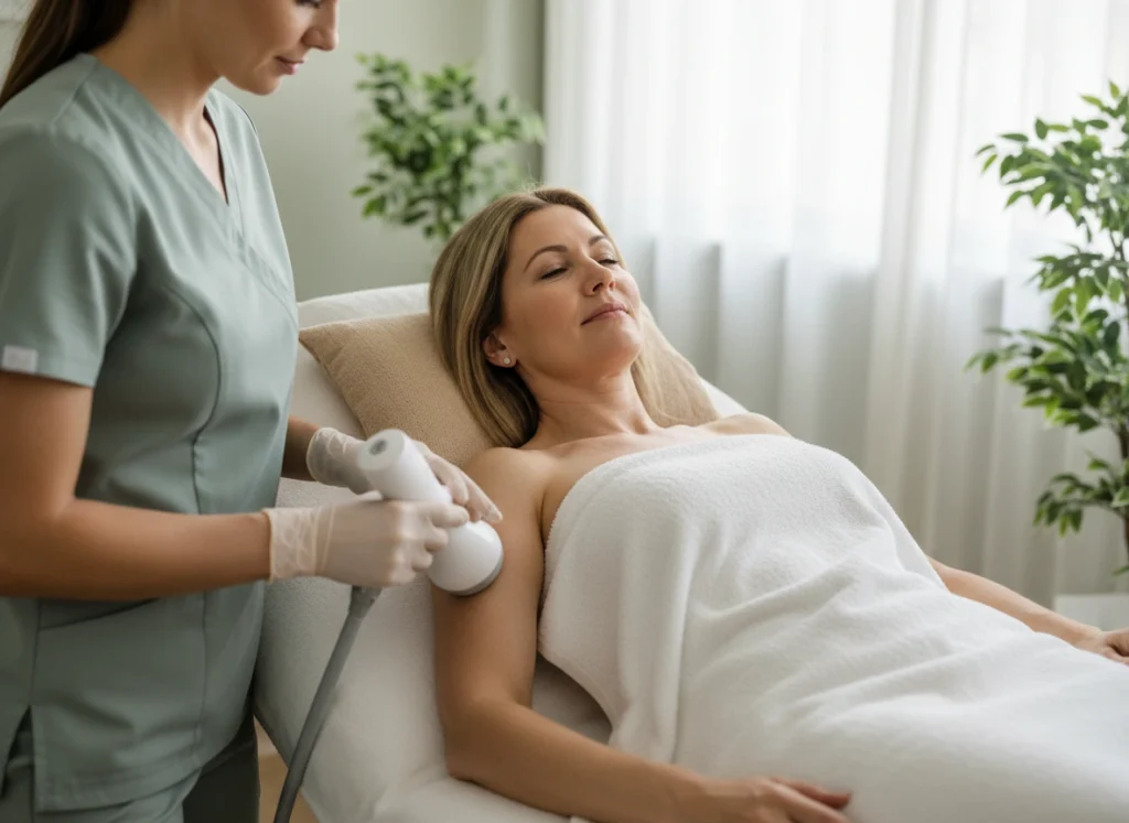 Relaxed client receiving a non-surgical skin tightening treatment from an aesthetician at Castlegar Wellness & Aesthetics in a calm treatment room.