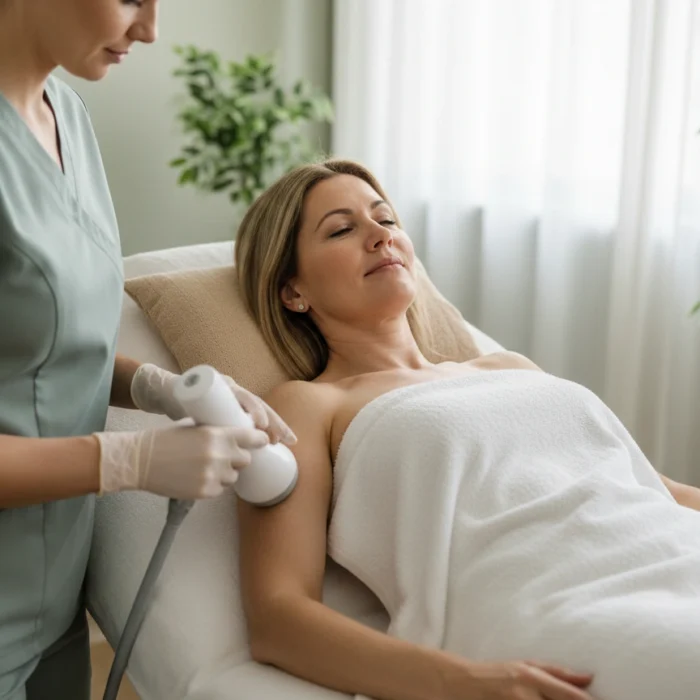 Relaxed client receiving a non-surgical skin tightening treatment from an aesthetician at Castlegar Wellness & Aesthetics in a calm treatment room.