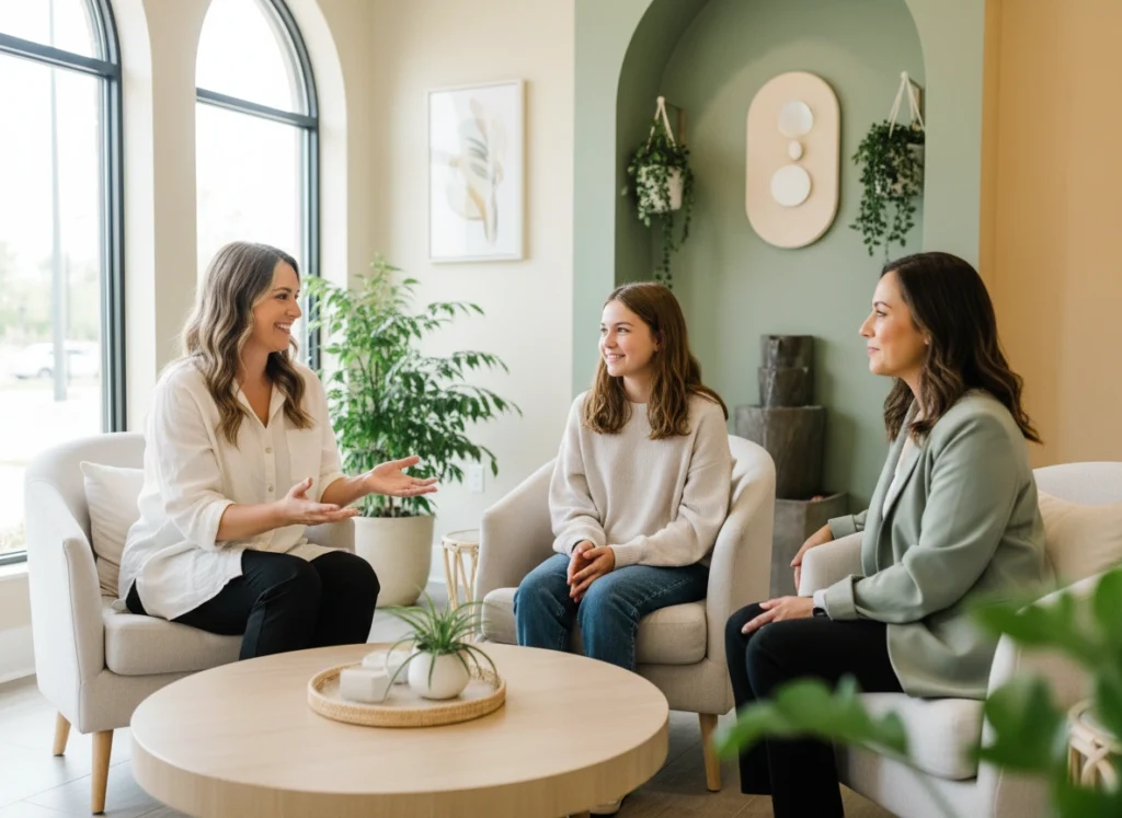 Aesthetician welcoming a teen and parent for a gentle teen facial consultation at Castlegar Wellness & Aesthetics in Castlegar, BC.