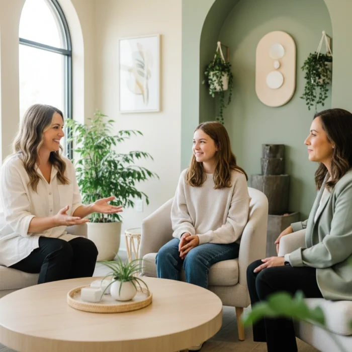 Aesthetician welcoming a teen and parent for a gentle teen facial consultation at Castlegar Wellness & Aesthetics in Castlegar, BC.