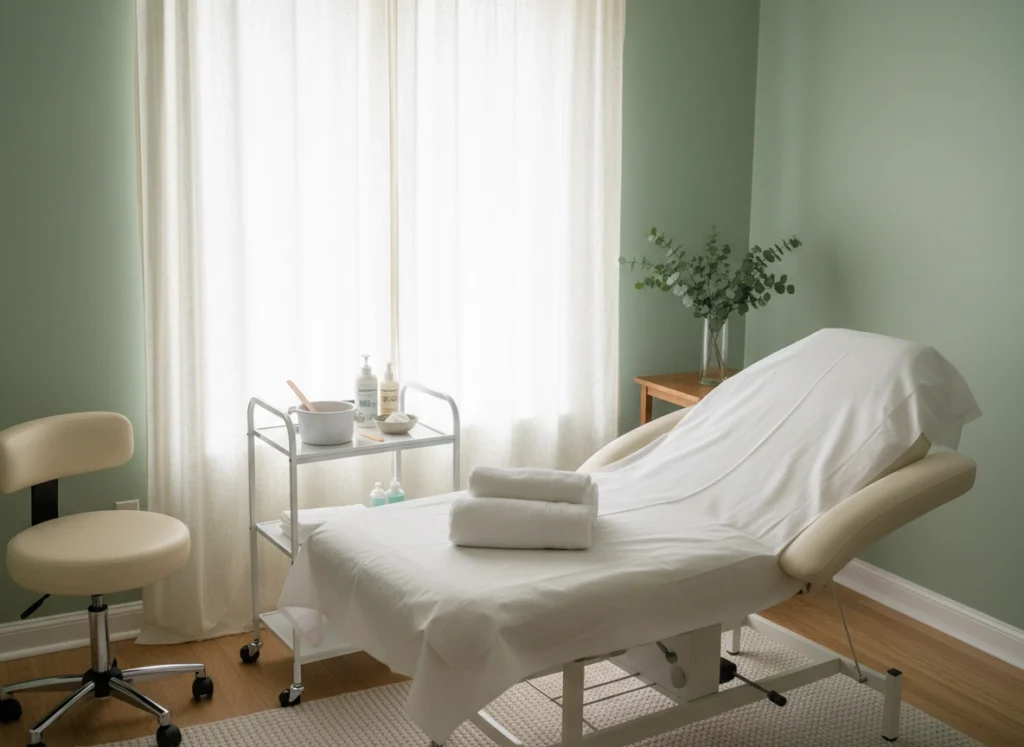 Calm, tidy treatment room ready for a waxing appointment at Castlegar Wellness & Aesthetics in Castlegar, BC.