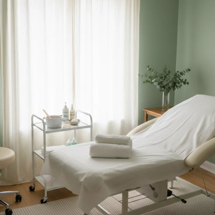 Calm, tidy treatment room ready for a waxing appointment at Castlegar Wellness & Aesthetics in Castlegar, BC.
