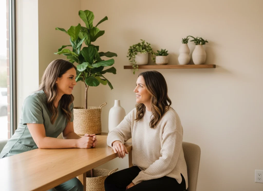 Friendly aesthetician discussing treatment options with a client during a consultation at Castlegar Wellness & Aesthetics in Castlegar, BC.