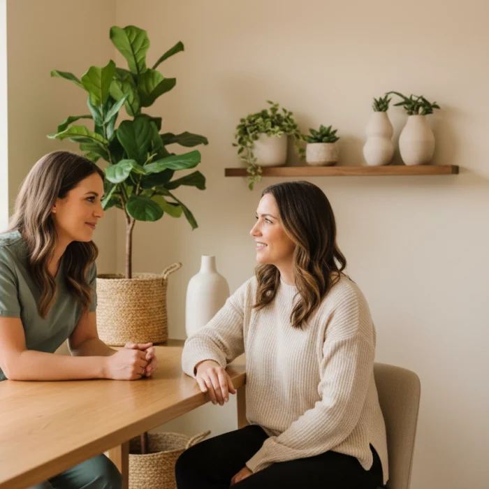 Friendly aesthetician discussing treatment options with a client during a consultation at Castlegar Wellness & Aesthetics in Castlegar, BC.