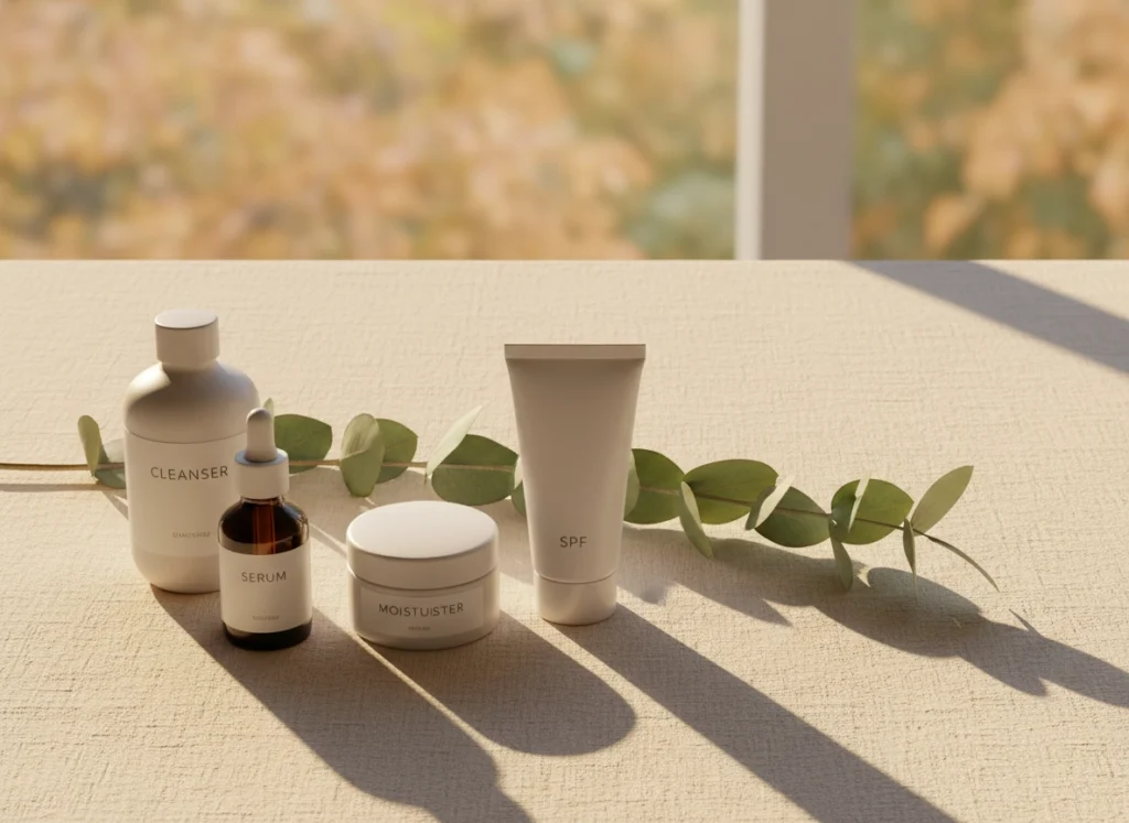 Cozy fall skincare flat-lay with gentle products and warm light, representing a seasonal routine reset at Castlegar Wellness & Aesthetics in Castlegar, BC.