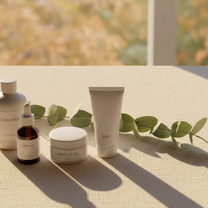Cozy fall skincare flat-lay with gentle products and warm light, representing a seasonal routine reset at Castlegar Wellness & Aesthetics in Castlegar, BC.
