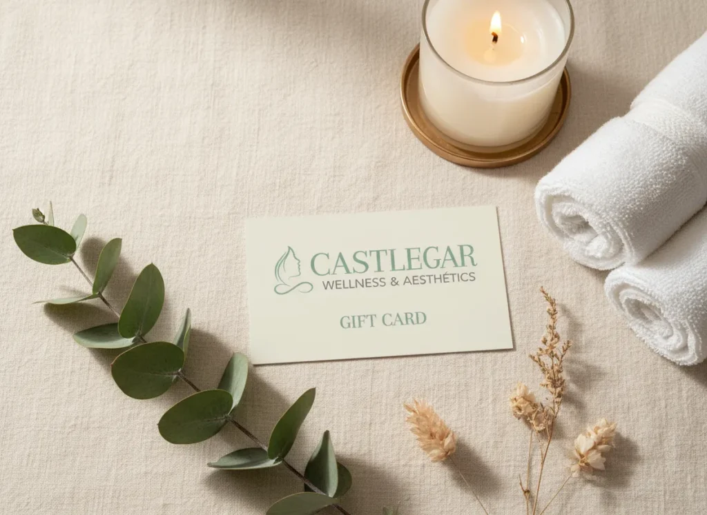 Elegant spa gift card presented with eucalyptus and soft towels, representing self-care gifts at Castlegar Wellness & Aesthetics in Castlegar, BC.