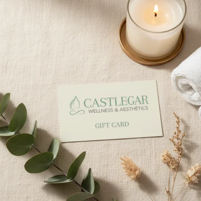 Elegant spa gift card presented with eucalyptus and soft towels, representing self-care gifts at Castlegar Wellness & Aesthetics in Castlegar, BC.