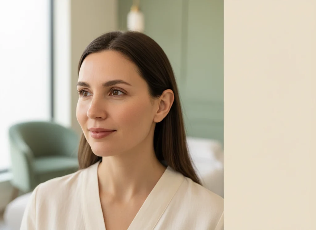 Woman with calm, even-looking skin in a soft, bright treatment room at Castlegar Wellness & Aesthetics in Castlegar, BC.
