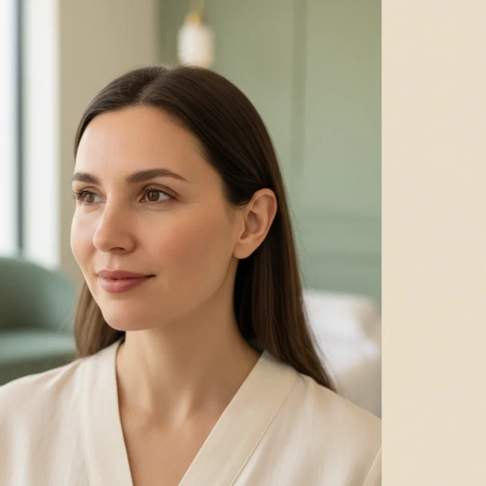 Woman with calm, even-looking skin in a soft, bright treatment room at Castlegar Wellness & Aesthetics in Castlegar, BC.