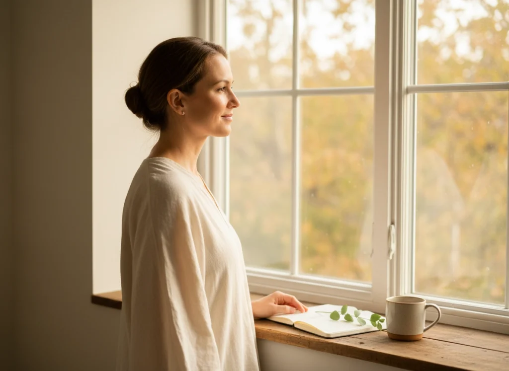 Woman looking refreshed and hopeful by a bright window at the start of fall, representing a September skin reset at Castlegar Wellness & Aesthetics in Castlegar, BC.