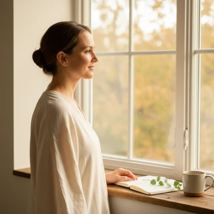Woman looking refreshed and hopeful by a bright window at the start of fall, representing a September skin reset at Castlegar Wellness & Aesthetics in Castlegar, BC.