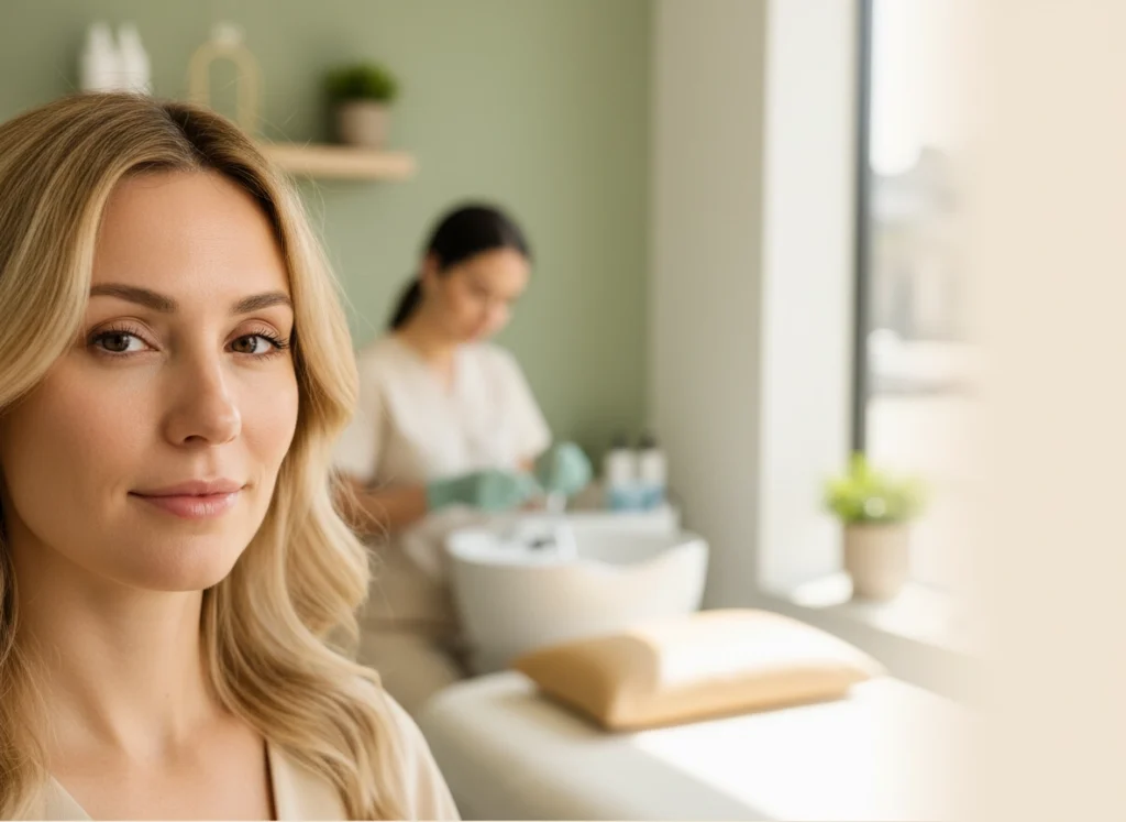 Close, natural portrait of a woman with even, healthy-looking skin tone in a calm treatment room at Castlegar Wellness & Aesthetics in Castlegar, BC.