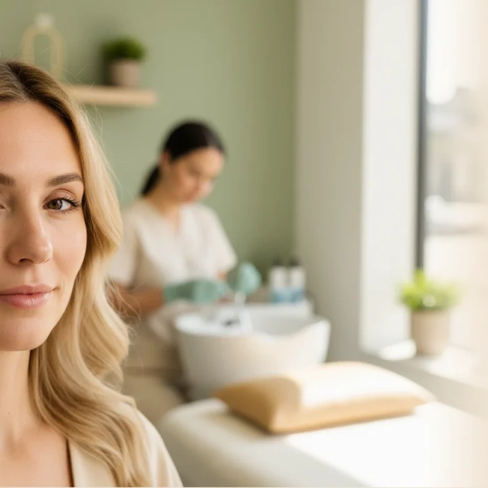 Close, natural portrait of a woman with even, healthy-looking skin tone in a calm treatment room at Castlegar Wellness & Aesthetics in Castlegar, BC.
